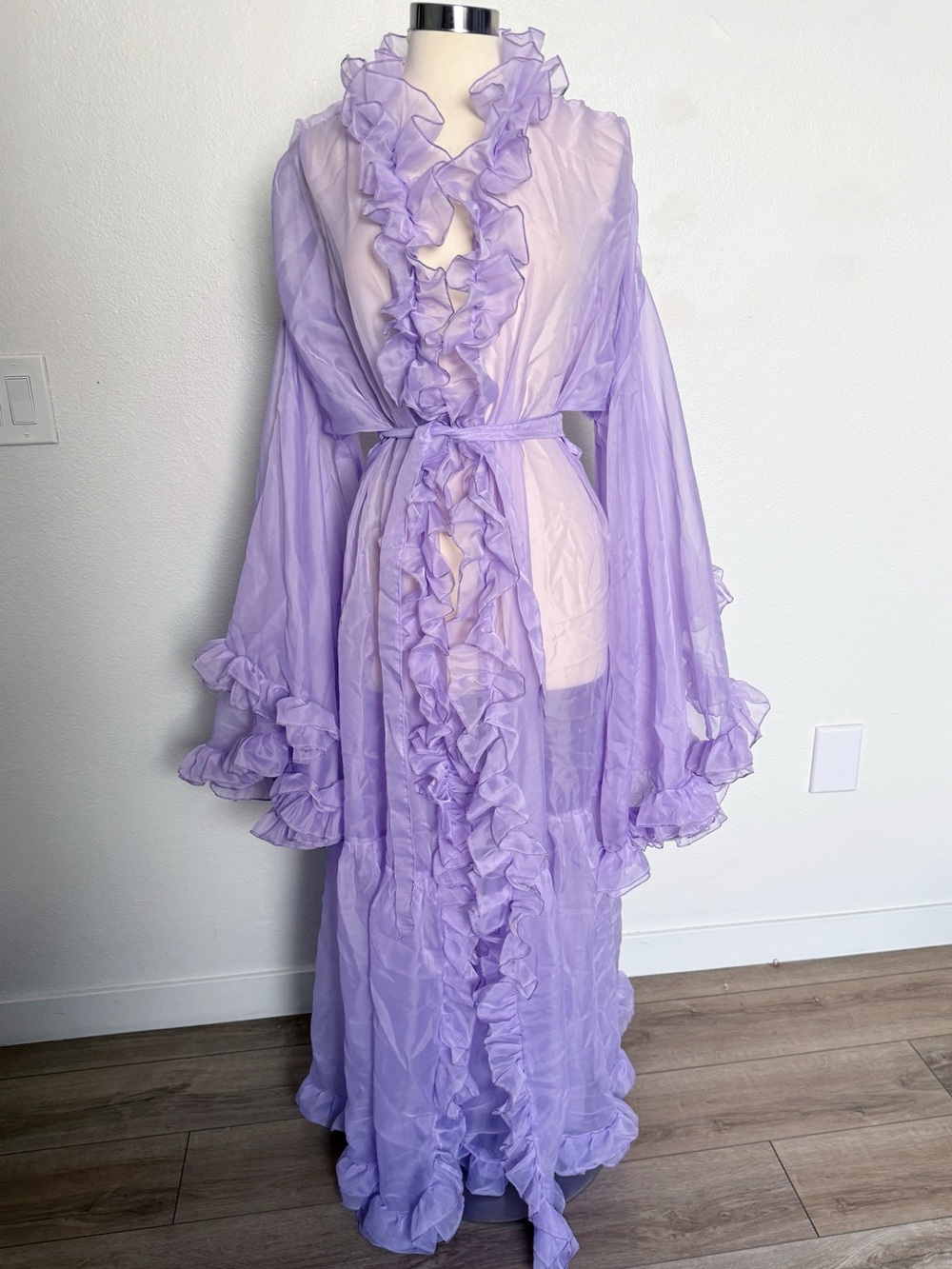 Vintage 70s Sheer Lavender Ruffle Peignoir Maxi Robe Bell Sleeve - Picture 2 of 9